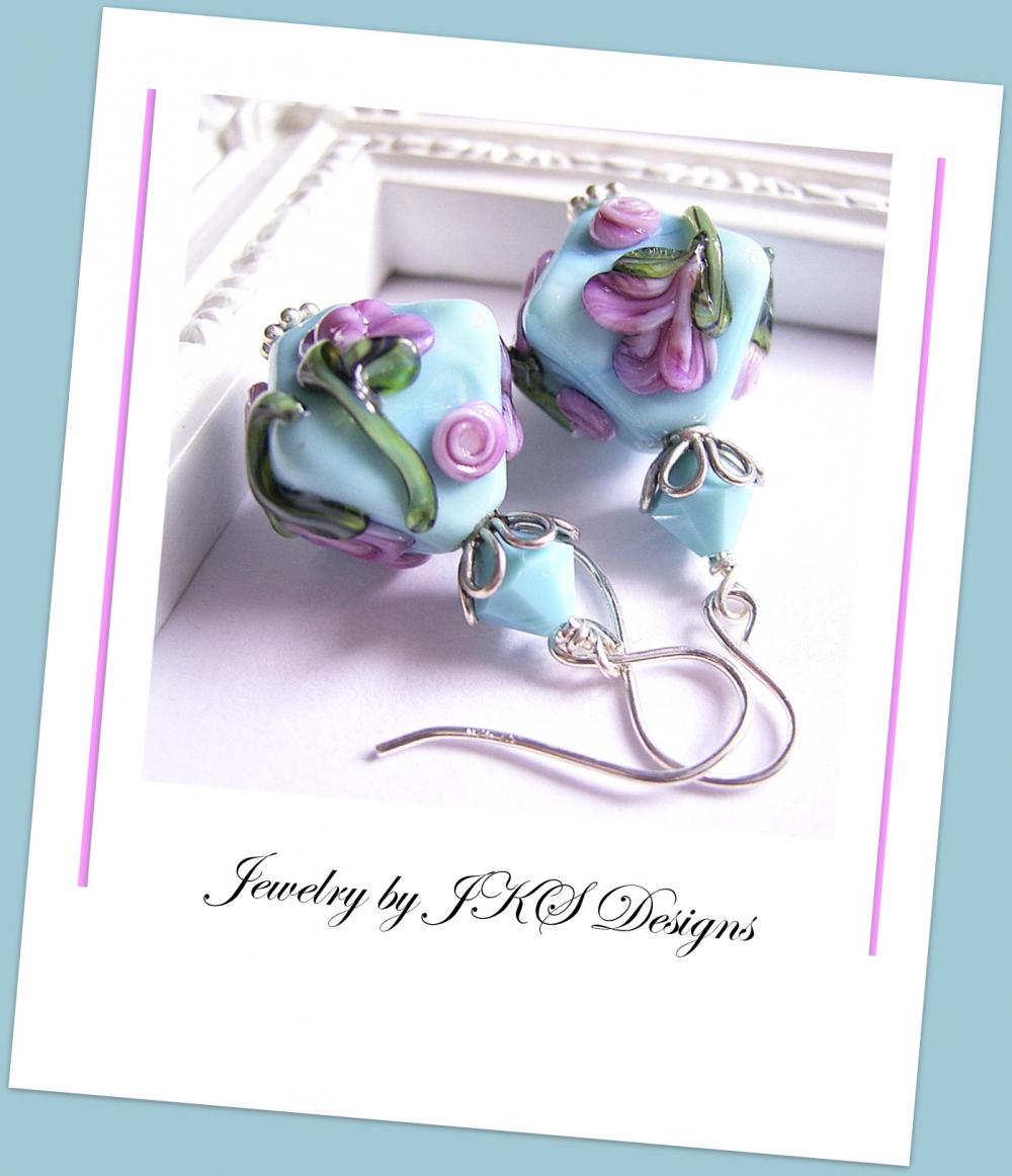 Turquoise Lampwork Earrings, Shabby Chic Blue Floral Earrings, Jewelry by JKS Designs