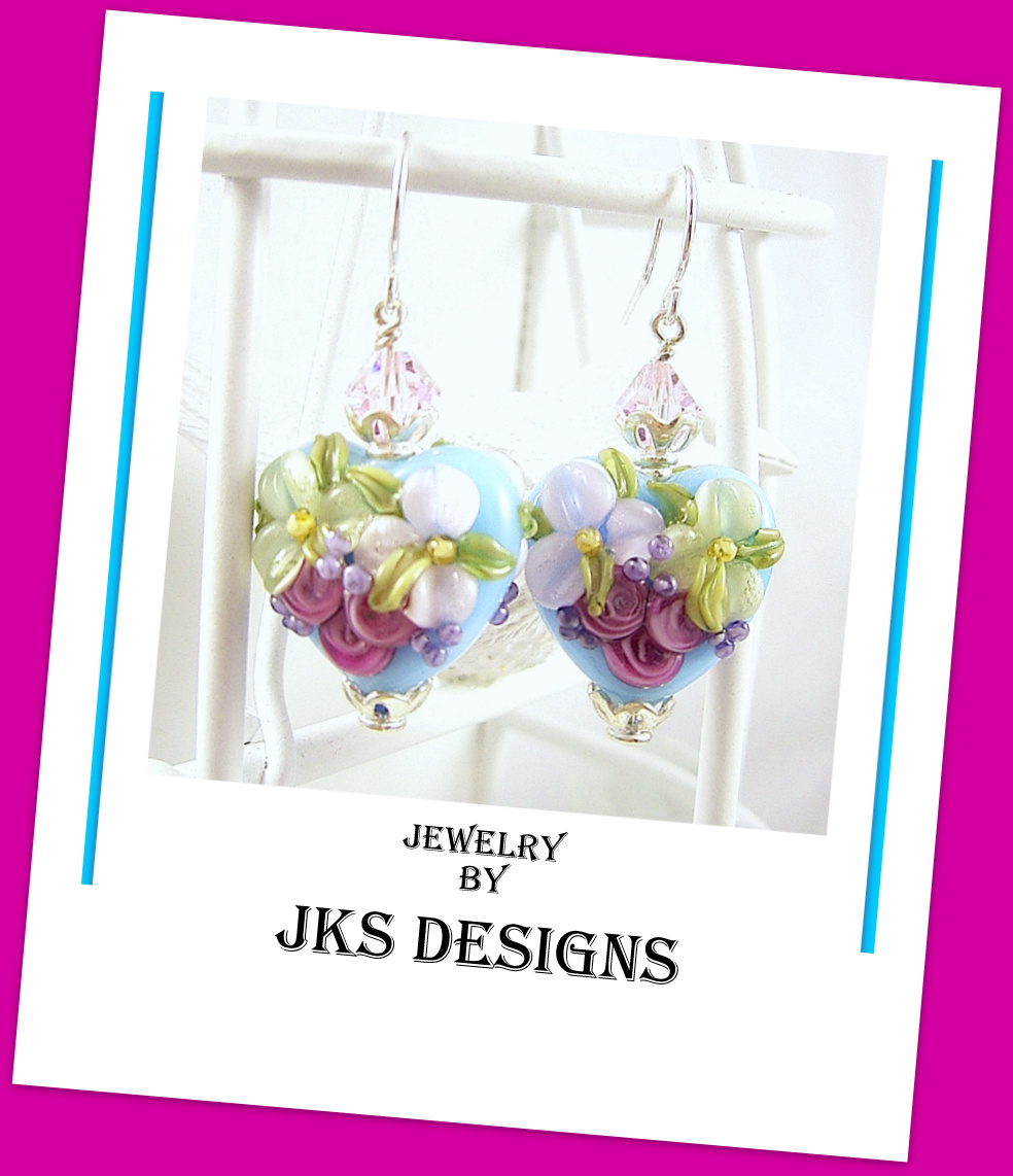 Floral Lampwork Heart Earrings, Shabby Chic Rose Pink Aqua Glass Sterling Silver Pierced Dangle, Jewelry by JKS Designs Australia