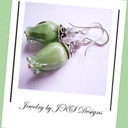 Green Tulip Earrings, Floral Lampwork Earrings, Labradorite Gemstone Earrings, Jewelry by JKS Designs