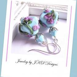 Turquoise Lampwork Earrings, Shabby Chic Blue Floral Earrings, Jewelry by JKS Designs