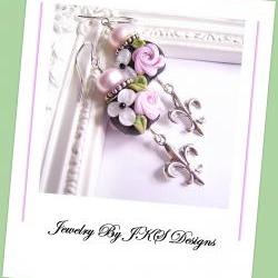 Pink Shabby Chic Rose Earrings, Lampwork Sterling Silver Fleur De Lis Floral Earrings, JKS Designs, Australia
