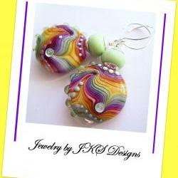 Rainbow Glass Earrings, Striped Multicolor Yellow Green Purple Pink Lampwork Dangle, Jewelry by JKS Designs