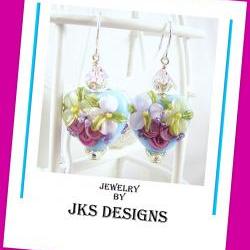 Floral Lampwork Heart Earrings, Shabby Chic Rose Pink Aqua Glass Sterling Silver Pierced Dangle, Jewelry by JKS Designs Australia