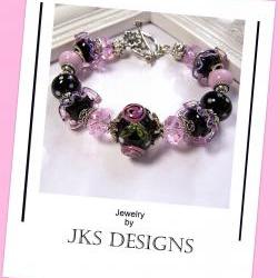 Shabby Chic Black Rose Pink Floral Lampwork Glass and Silver Silver Beaded Charm Bracelet, Jewelry by JKS Designs Australia